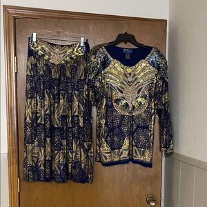 Luxurious Gold and Blue Long Sleeve Dress